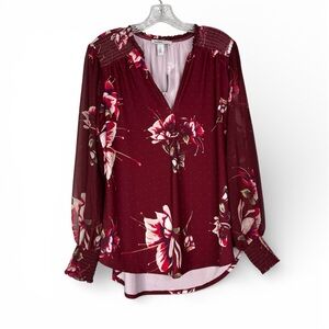 WHBM Tunic Women’s L Burgundy Holiday Floral Zinfandel Long Sheer Sleeve V Neck